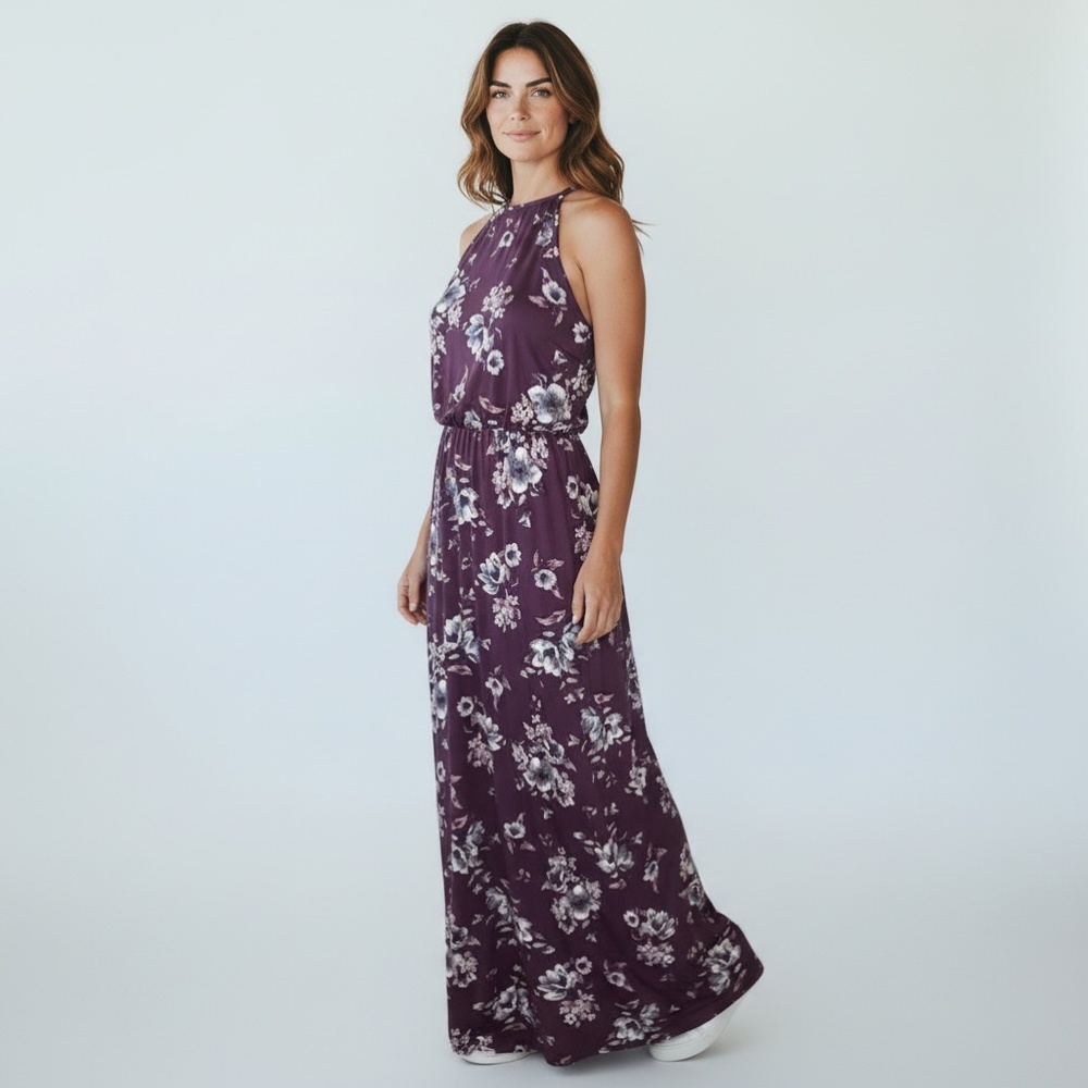 French Grey Women's Purple Floral sleeveless maxi dress with straps - Size Small